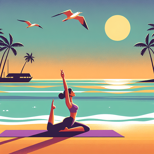illustration of a person doing Boat Pose on a beach