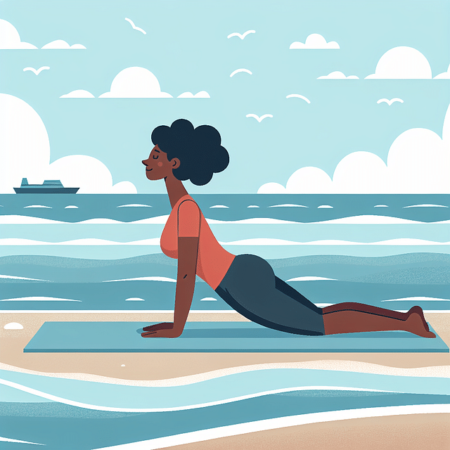 illustration of a person in Child's Pose on a beach