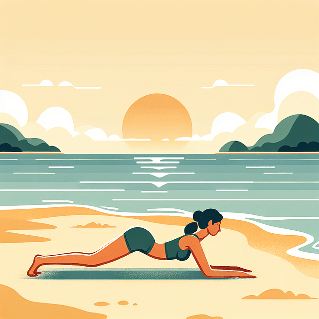 illustration of a person in Downward-Facing Dog Pose on a sandy beach