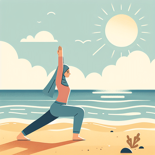 illustration of a person performing Warrior II Pose on a beach