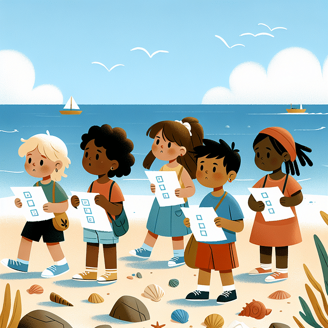 children on a beach scavenger hunt