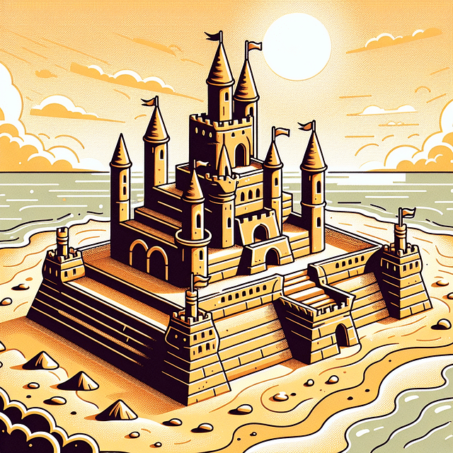 completed sandcastle with flags on the beach