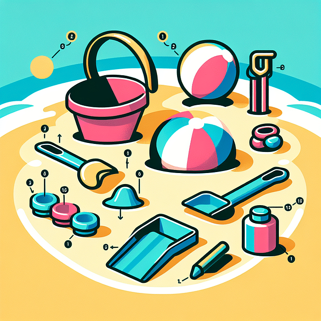 children's beach toys arranged on sand