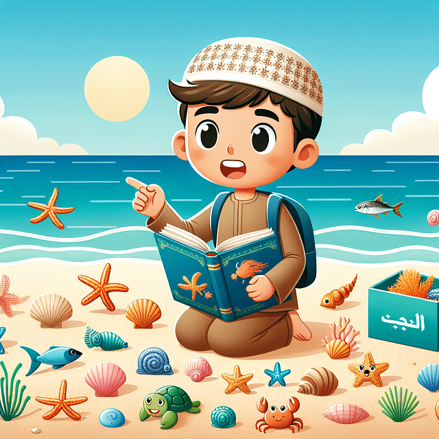 child identifying sea creatures on the beach