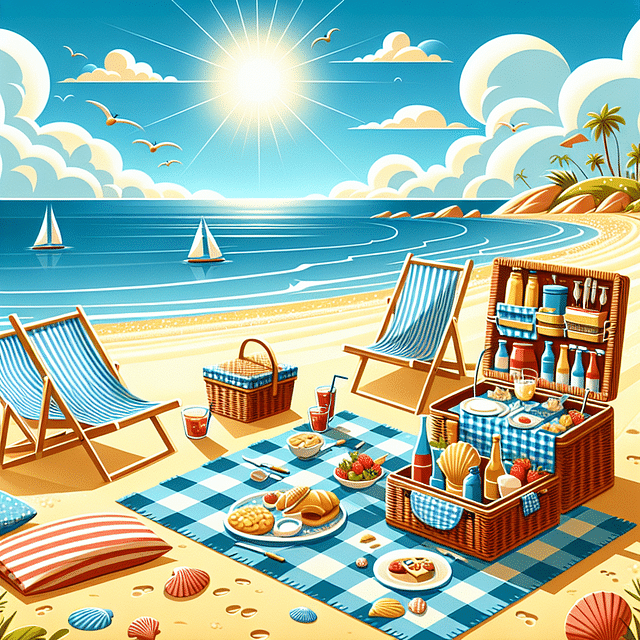 beach picnic with folding chairs and loungers