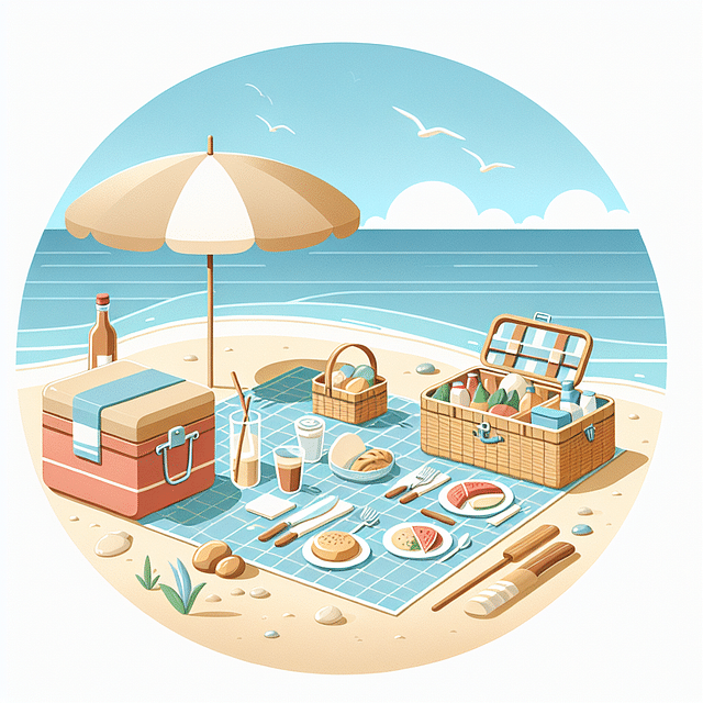 tidy beach picnic setup with covered food