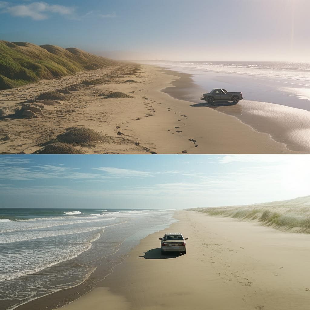 A split image showing two different beach driving scenarios. On the left, a vehicle navigating through shallow water and waves during high tide, with limited beach space. On the right, a vehicle driving on the beach during low tide, with a vast expanse of sand and wet areas to avoid.
