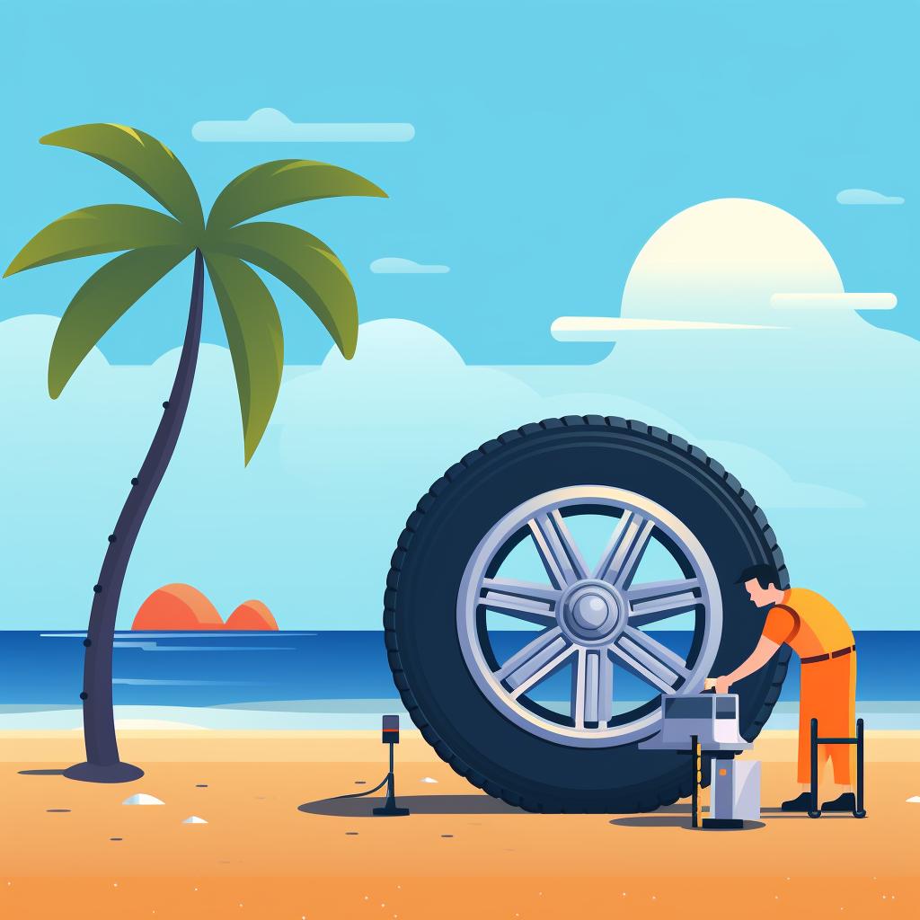 Checking tire pressure with a gauge on a beach