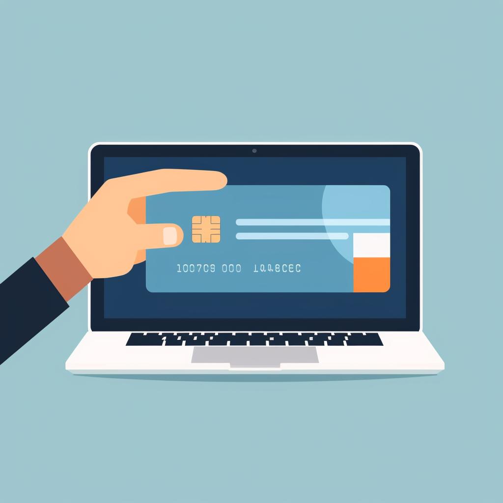 A hand holding a credit card over a laptop, symbolizing online payment