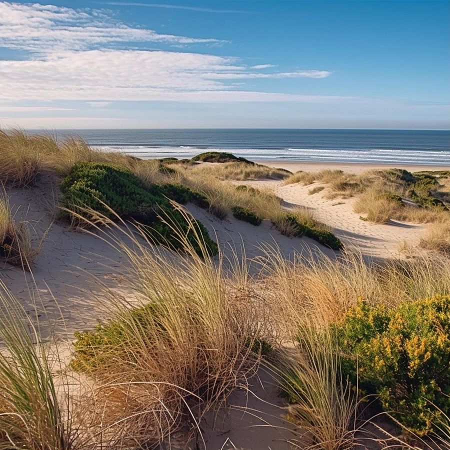 A view of coastal vegetation and sand dunes