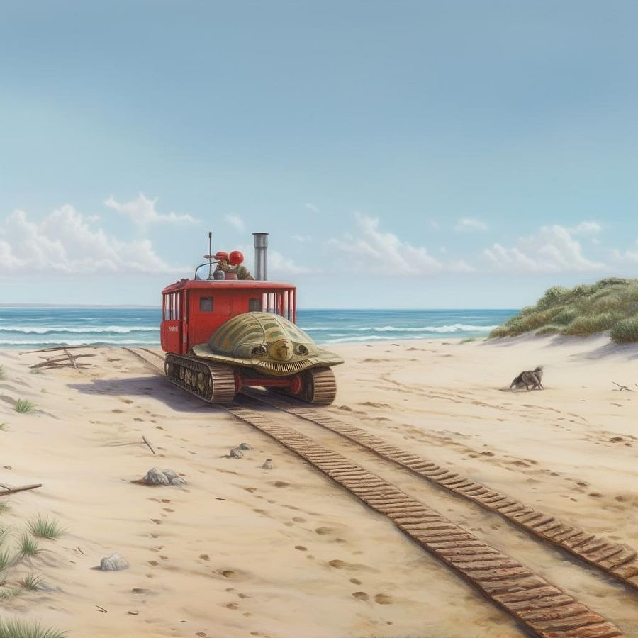 A slow-moving vehicle on the beach, giving space to nearby wildlife