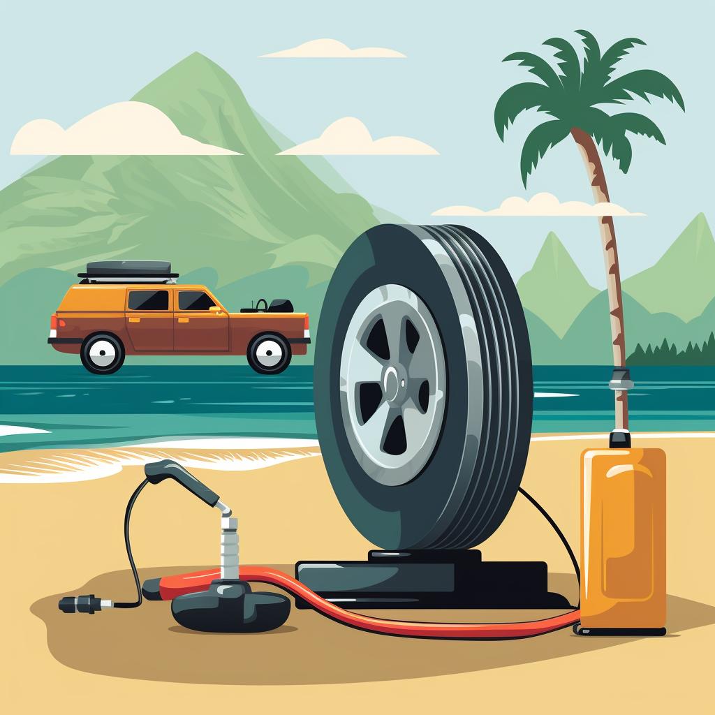 Inflating a car tire with a portable air compressor on a beach