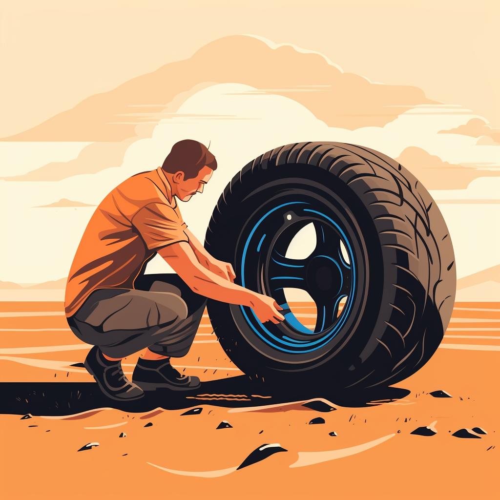 A person inspecting the stuck tires in the sand