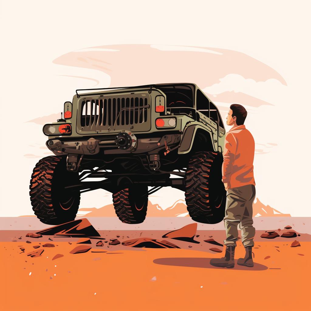 Person examining the undercarriage of a 4x4 vehicle