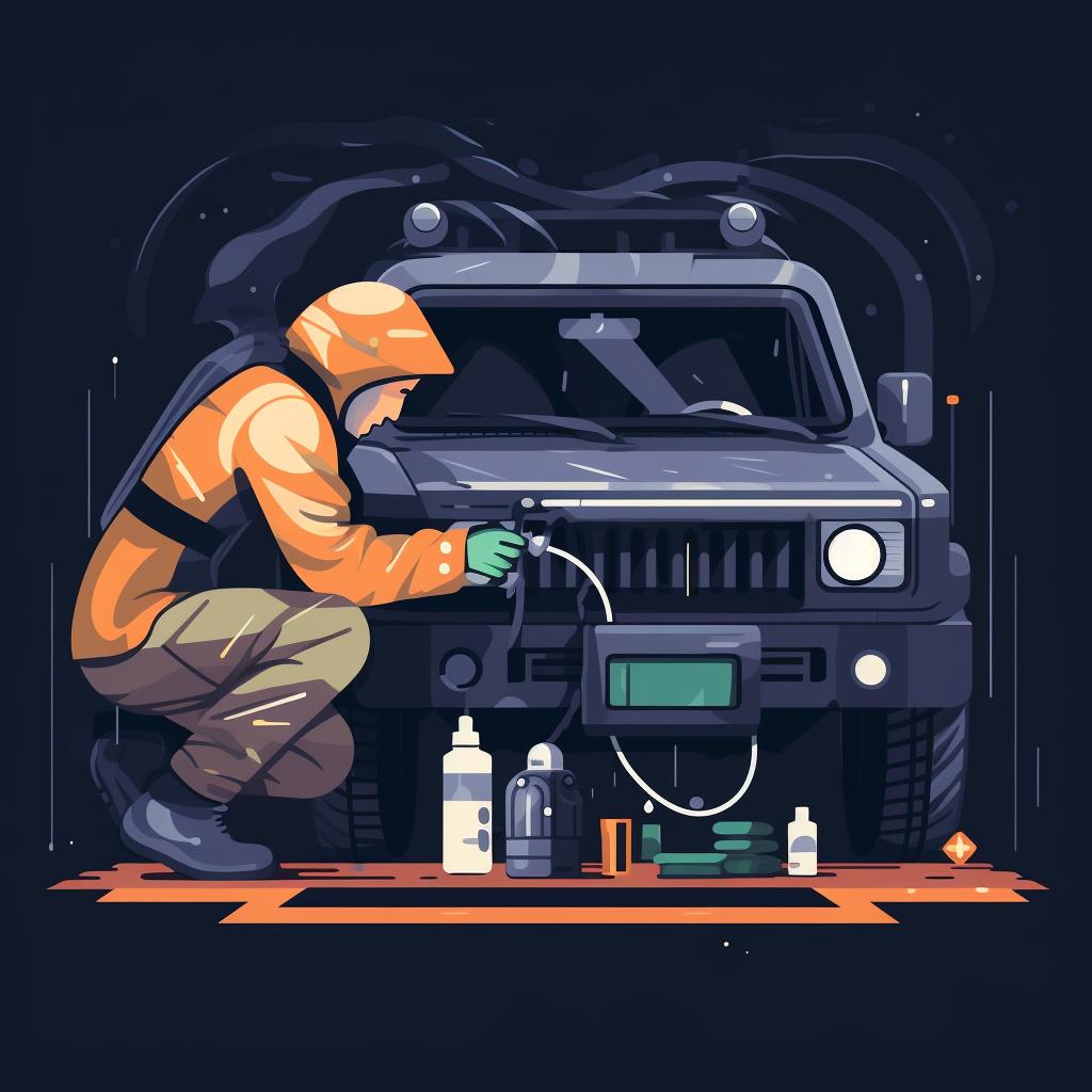 Person checking fluid levels under the hood of a 4x4 vehicle
