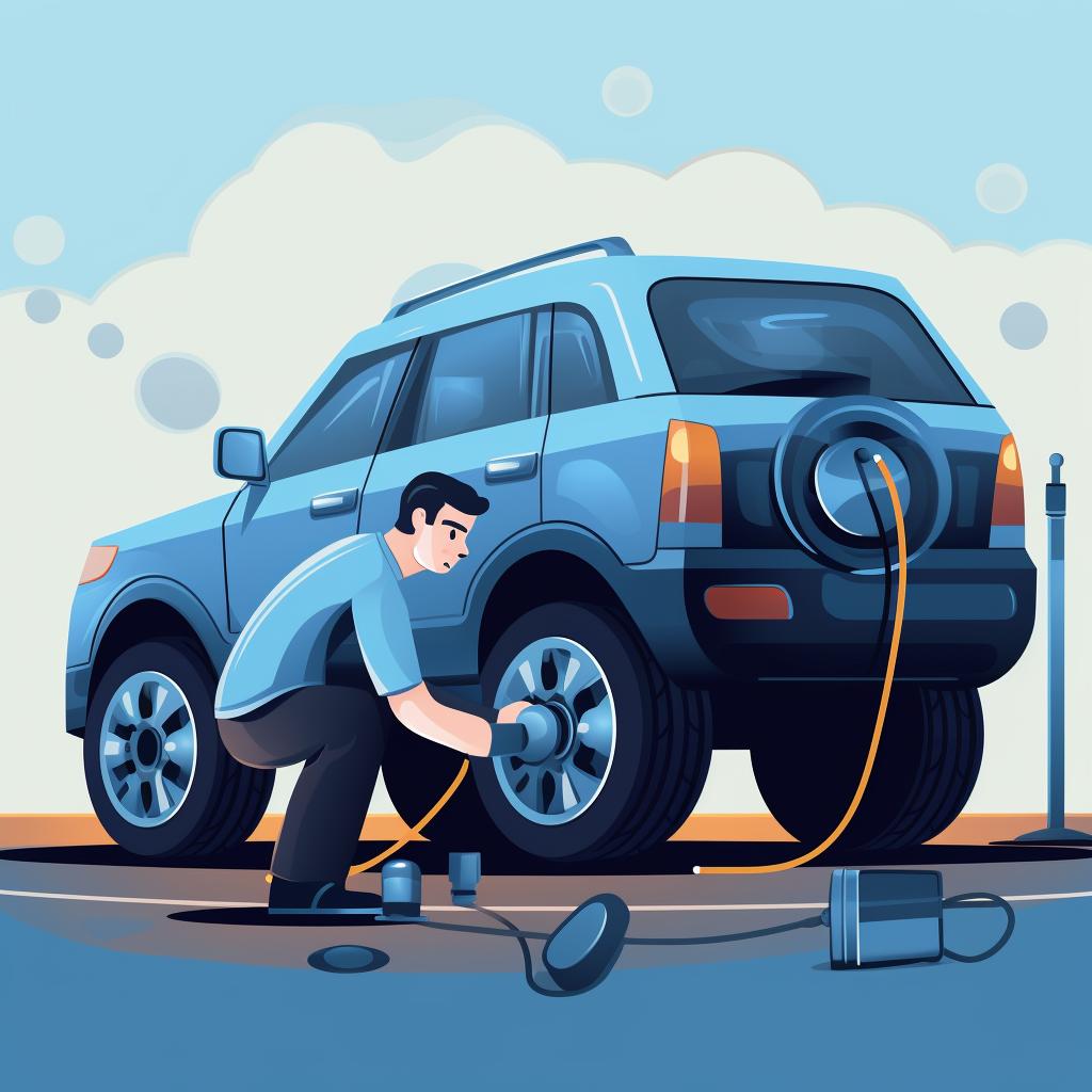 A person reinflating the tires of a vehicle
