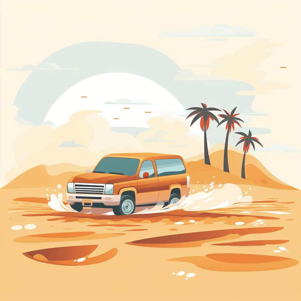 A vehicle smoothly turning on wet sand