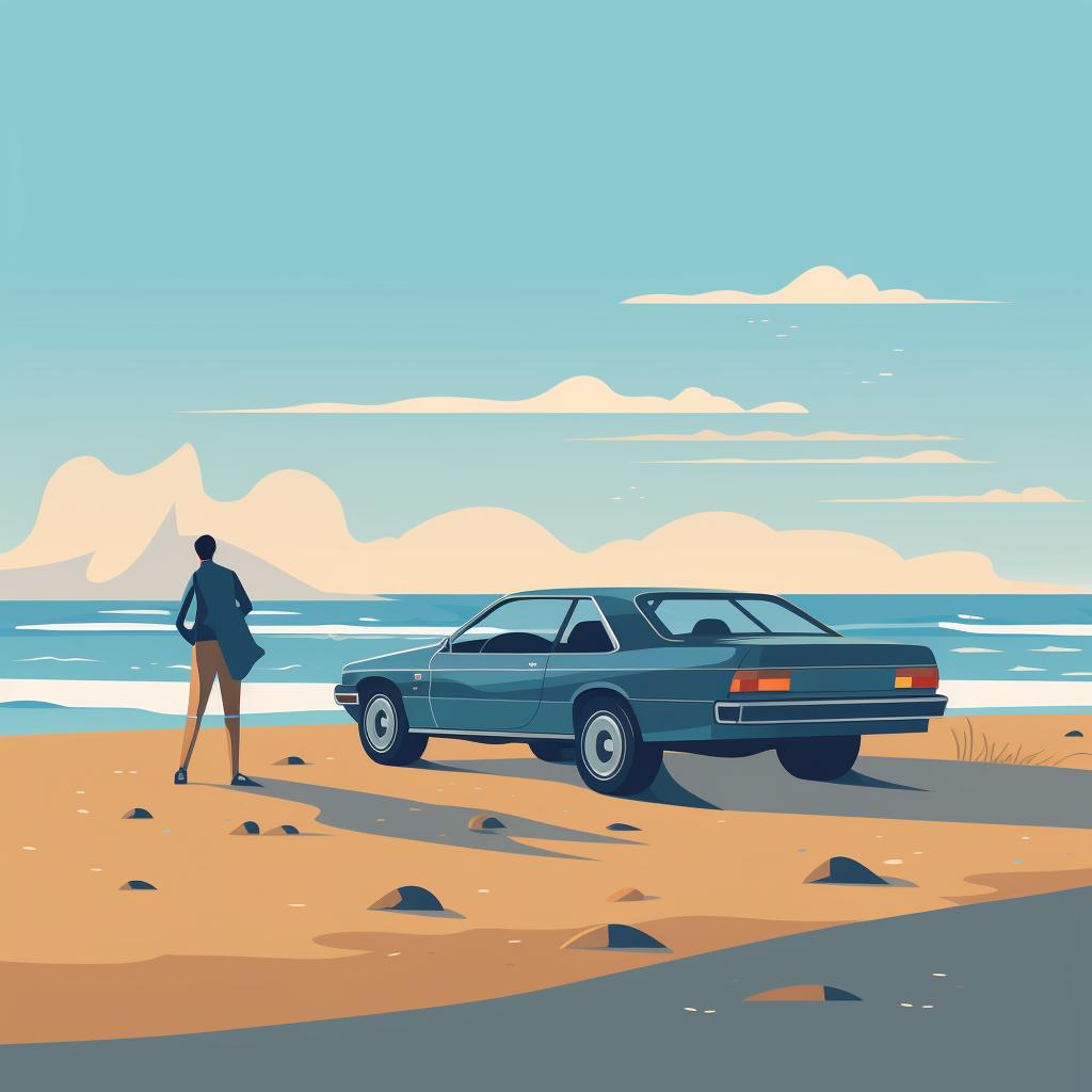 A person inspecting their vehicle before a beach drive