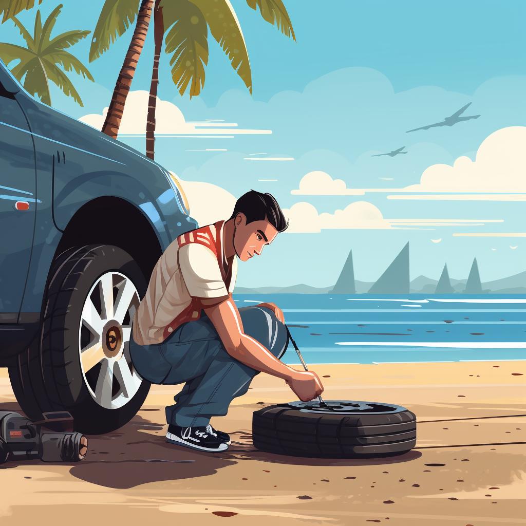 A driver lowering their vehicle's tire pressure before a beach drive