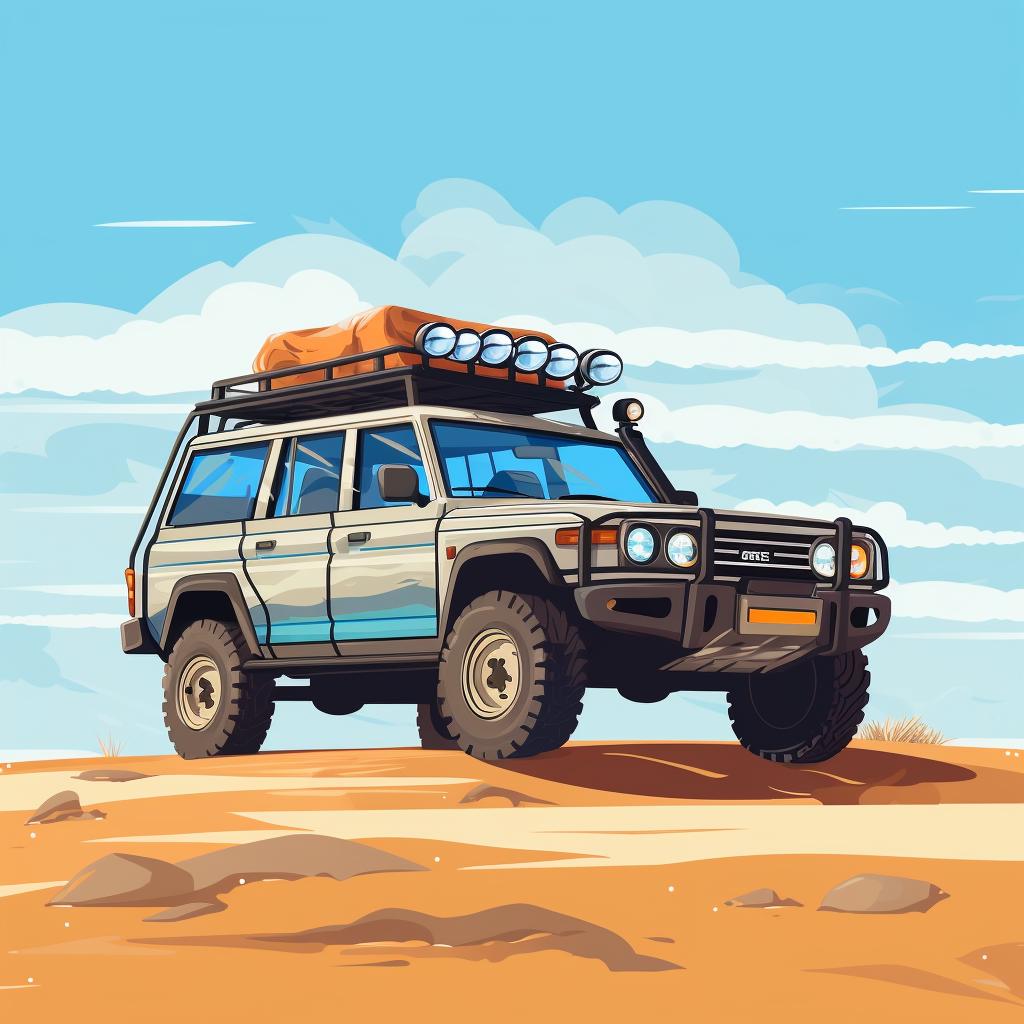 A 4WD vehicle with deflated tires ready for beach driving