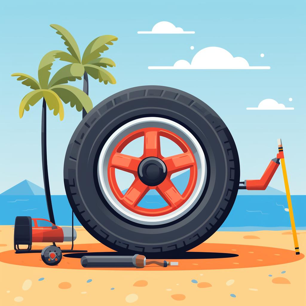 A person using a tire pressure gauge on a beach vehicle tire